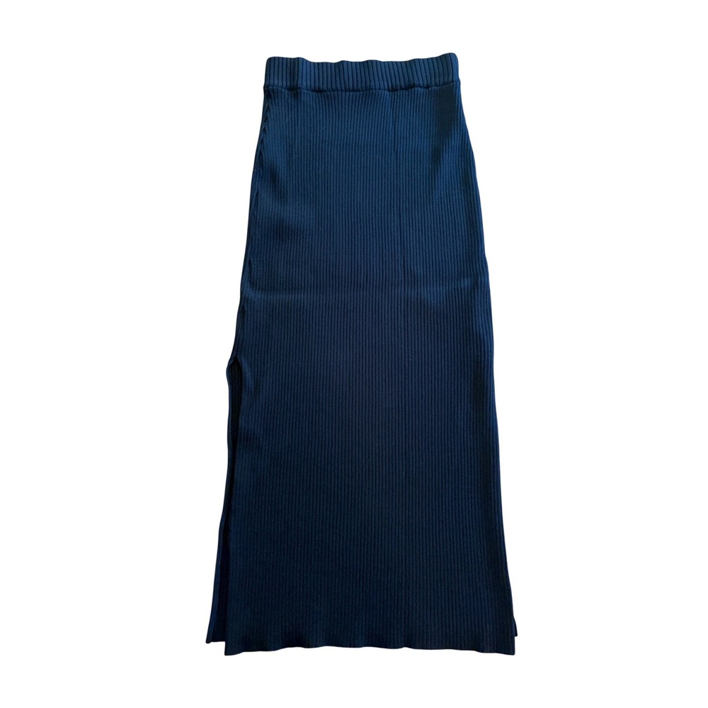 By Anthropologie Black Ribbed Sweater Knit Maxi Skirt Side Slits Women M - Picture 2 of 9
